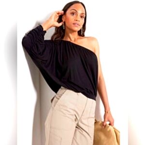 🏷️LNA Ashra One Shoulder Knit Ribbed Black Top Size L